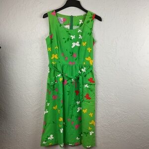 Vintage Malia of Honolulu Green Butterfly Pattern Dress Tie Belt Front Pockets